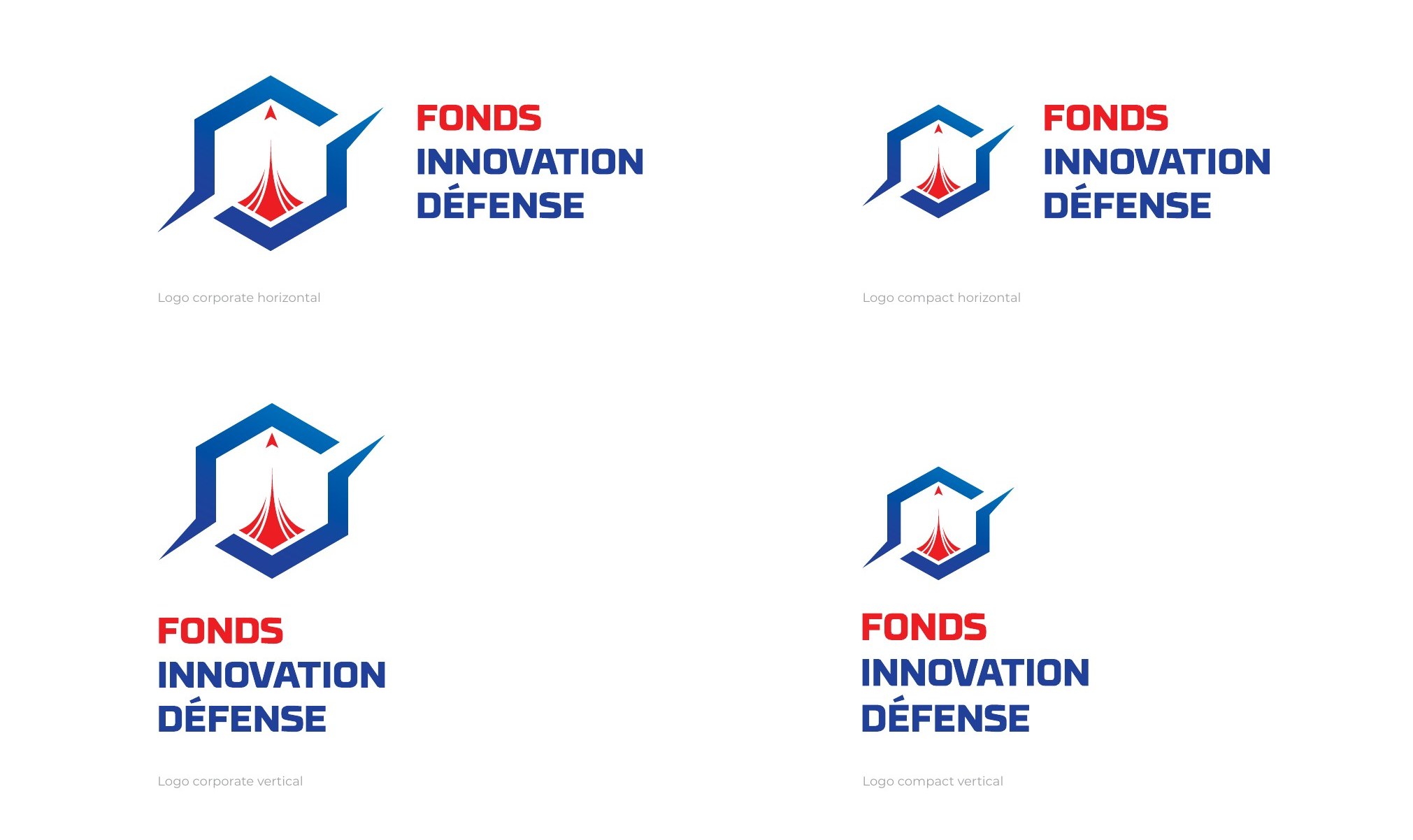 Les quatre versions du logo Fonds Innovation Défense : corporate et compact, horizontal et vertical