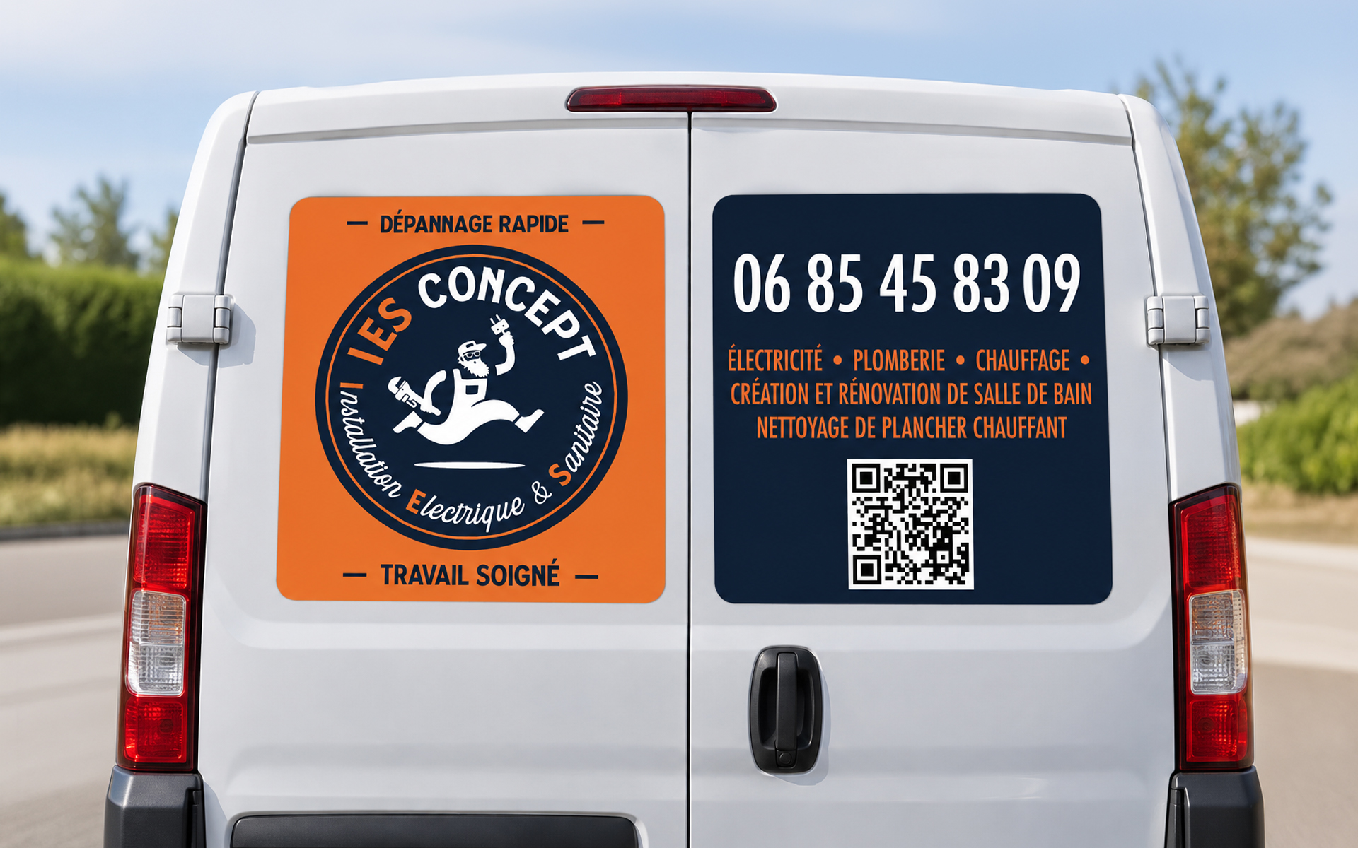 Arrière d’un utilitaire blanc habillé aux couleurs d’IES Concept avec le logo et les services proposés