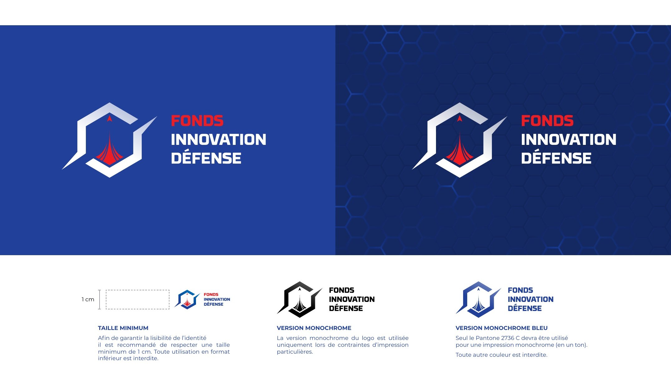 Logo Fonds Innovation Défense en réserve blanche sur fond bleu, avec versions monochromes et taille minimum