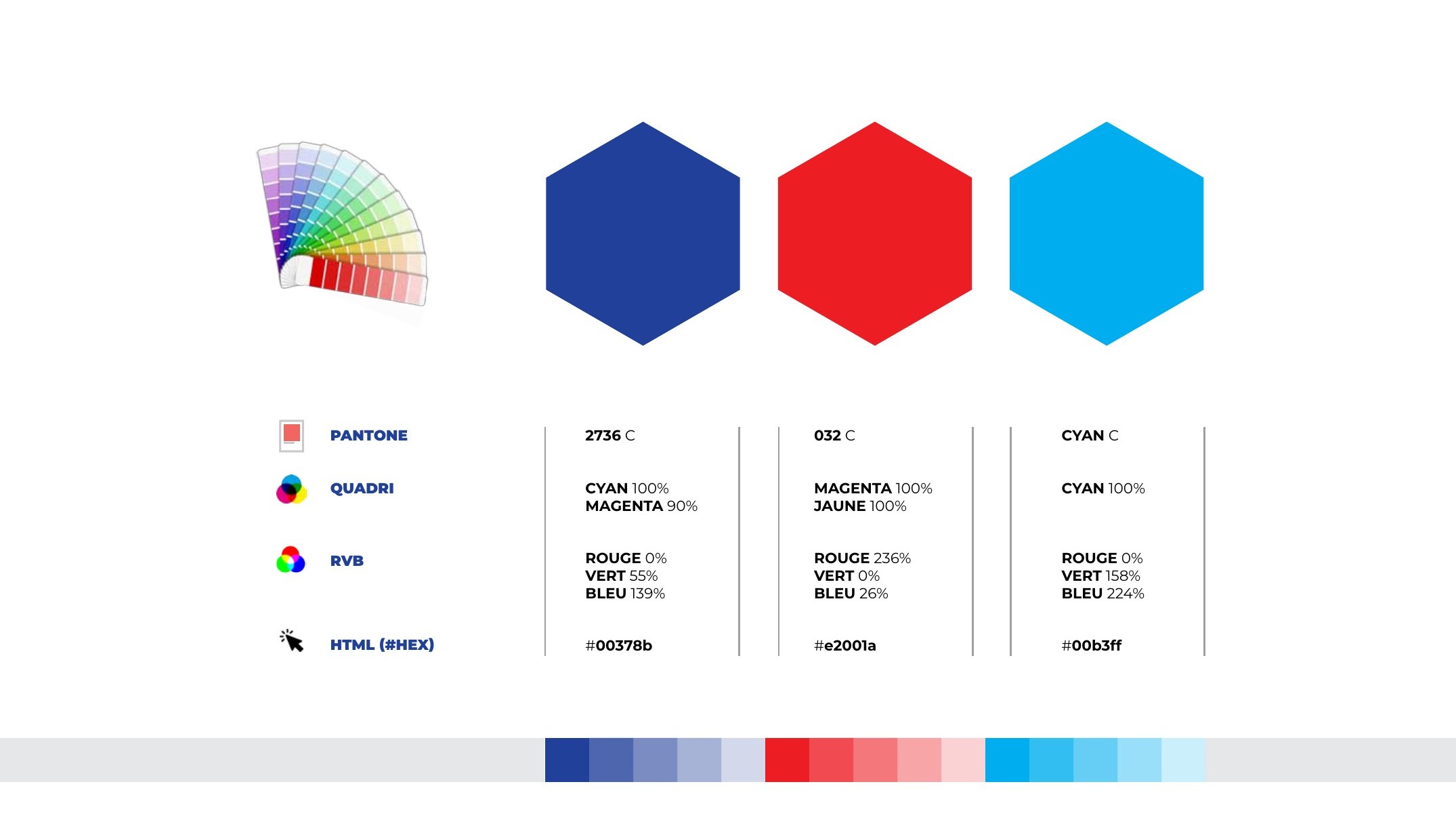 Gamme colorimétrique du Fonds Innovation Défense : bleu 2736 C, rouge 032 C et cyan, avec références quadri, RVB et HTML