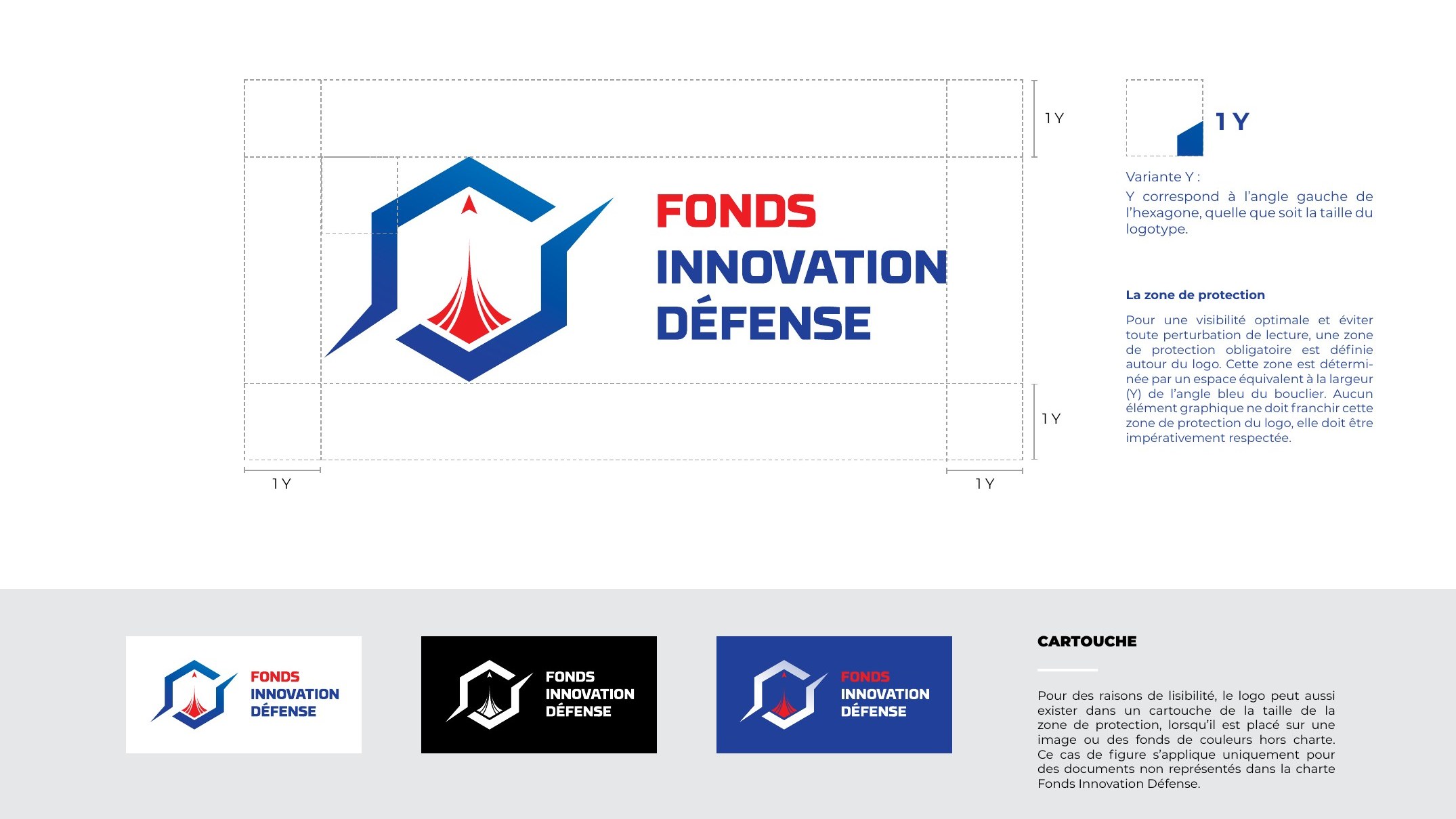 Zone de protection du logo horizontal et cartouches sur fonds blanc, noir et bleu