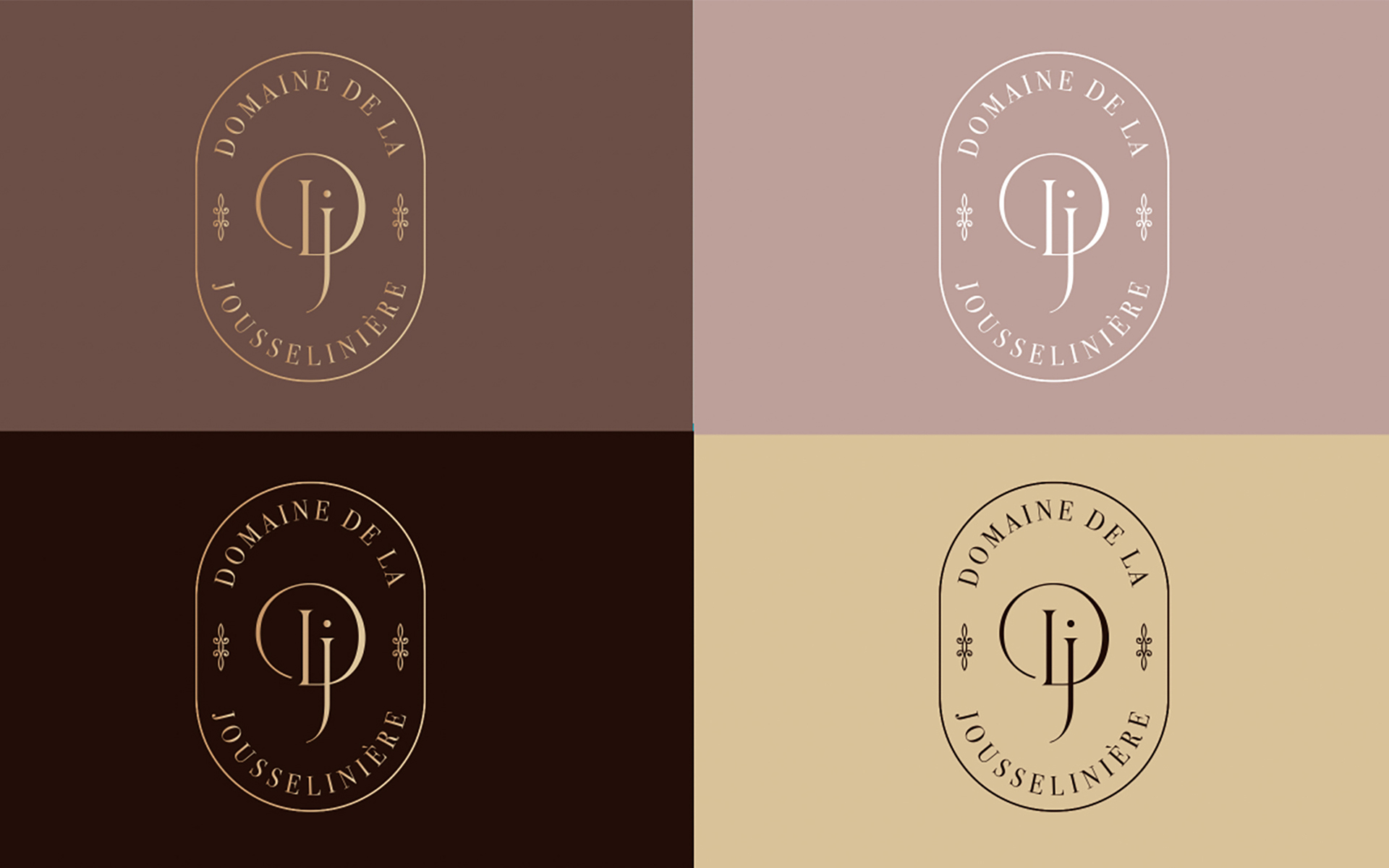 Déclinaisons du logo du Domaine de la Jousselinière sur fonds brun, vieux rose, brun profond et beige