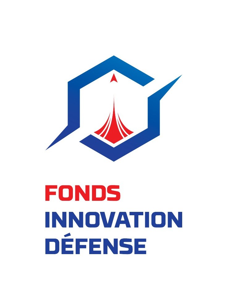 Logo vertical Fonds Innovation Défense : hexagone bleu à deux pointes et flèche rouge ascendante