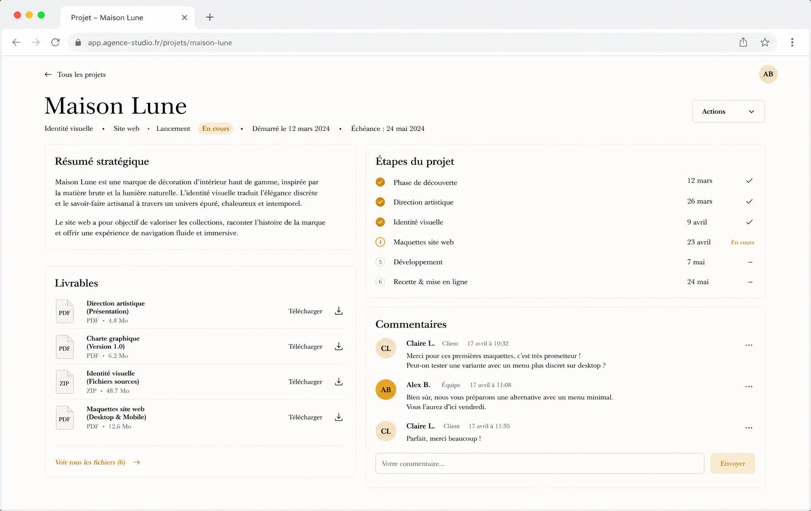 Page projet dans Beel Board : résumé stratégique, étapes, livrables téléchargeables et fil de commentaires