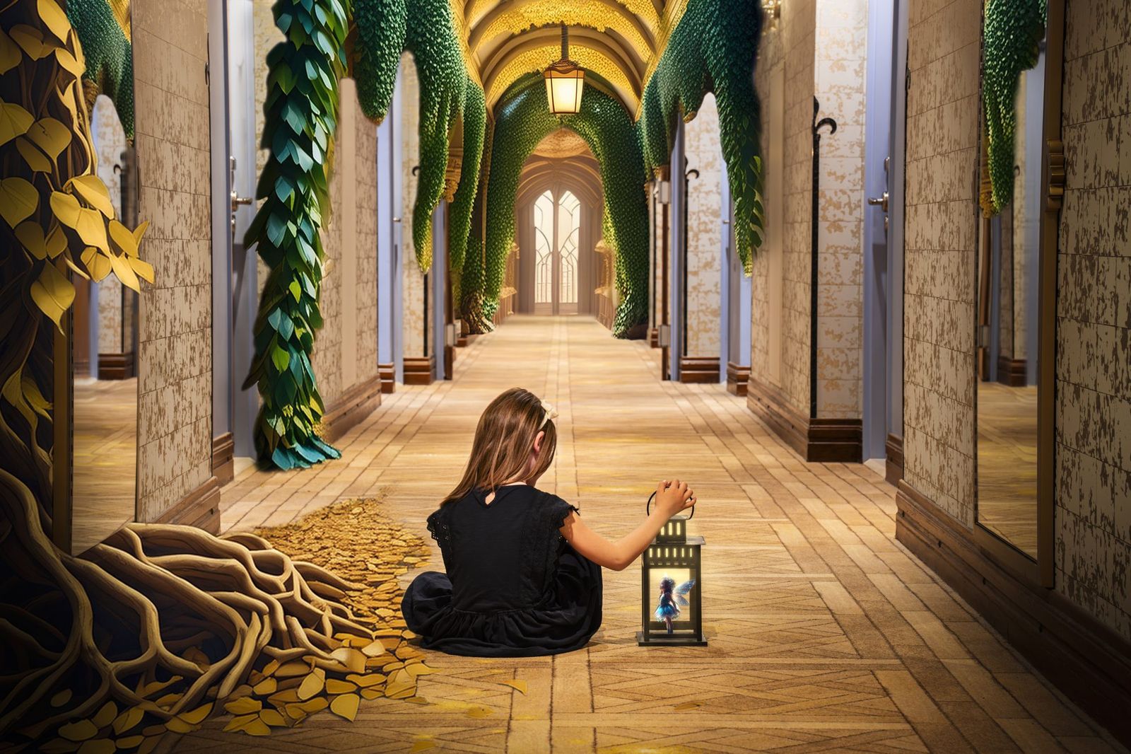 Décor immersif en forme de galerie végétale, une enfant assise au bout du couloir avec une lanterne